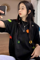 Short Sleeve 3D Flowers Pattern Embroidered Shirt